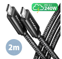 AXAGON BUCM2-CM20AB, CHARGE kabel USB-C <-> USB-C, 2m, Hi-Speed USB, PD 240W 5A, ALU, oplet, černý