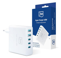 3mk síťová nabíječka - Hyper Charger 140W, GaN 3x USB-C (PD) / 2x USB, bílá