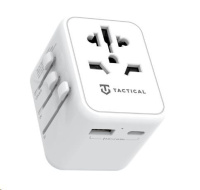 Tactical cestovní adaptér pro EU/UK/USA/JAP/AUS/CNY, 1x USB-C + 1x USB A, 12W, bílá