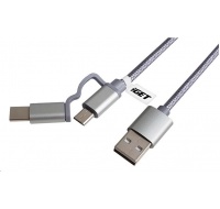 iGET G2V1 USB kabel 2v1, 1m, stříbrný, microUSB i USB-C, prodloužené koncovky