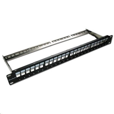 XtendLan Patch panel 19", 24 portů, neosazený, stíněný, černý, Cat5e/6/6A/7, odnimatelný vyvazovák