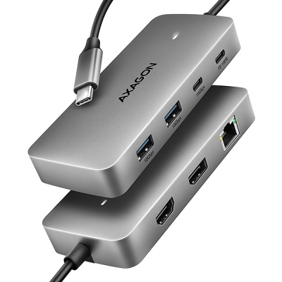 AXAGON HMC-CUB83X2, USB 10Gbps hub, 2x USB-A, USB-C, HDMI & DP 4k/144Hz, RJ-45 GLAN, PD 100W, kabel USB-C 15cm