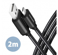 AXAGON BUMM-AM20AB, HQ kabel Micro USB <-> USB-A, 2m, USB 2.0, 2.4A, ALU, oplet, černý