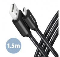 AXAGON BUMM-AM15AB, HQ kabel Micro USB <-> USB-A, 1.5m, USB 2.0, 2.4A, ALU, oplet, černý