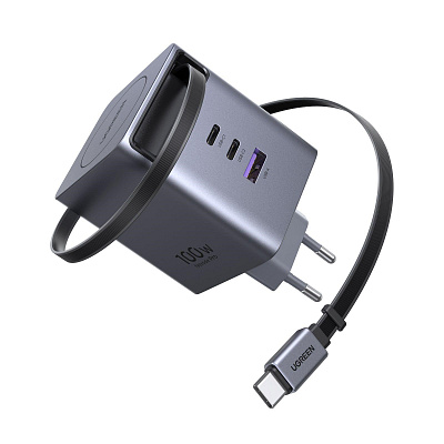 UGREEN síťová rychlonabíječka se zatahovacím kabelem 100W 3-Port, 2x USB-C, 1x USB-A, GaN, stříbrná