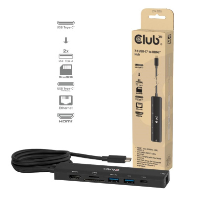 Club3D hub USB-C, 7-in-1 hub s 2x USB, 1xHDMI, 1xUSB-C PD, RJ45, microSD/SD, 140W, 4K60Hz