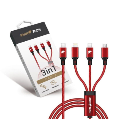 RhinoTech nabíjecí a datový kabel 3v1 USB-C (MicroUSB + Lightning + USB-C) 40W 1,2m červená