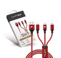 RhinoTech nabíjecí a datový kabel 3v1 USB-A (MicroUSB + Lightning + USB-C) 1,2m červená