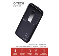 C-TECH Powerbanka 10000mAh, Li-Pol, 22,5W, USB-C/USB-A/micro USB