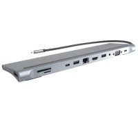 PREMIUMCORD Dokovací stanice USB-C 10v1, 1xHDMI, 1xVGA, 2xUSB-C, 3xUSB, 1xRJ45, čtečka SD karet, šedá
